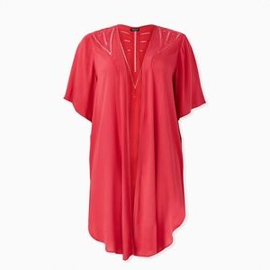 Torrid Red Crinkled Guaze Crochet Inset Longline Kimono - Size 1/2
